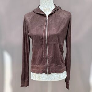 Studio M Faux Suede Brown Double Zip Hoodie Jacket Size M Made in USA Y2K 90s